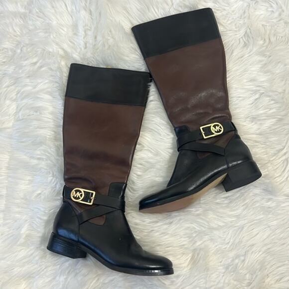 Michael Kors Brown and Black Leather Two Tone Riding Boots - Picture 1 of 8